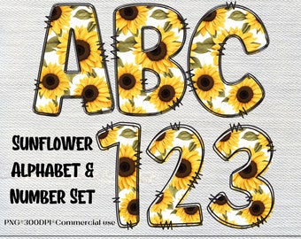 Sunflower Clipart Decorative Letters for Commercial Use Digital Art, Alphabet Doodle Sublimation, DIY Crafts, Scrapbooking, Junk Journals