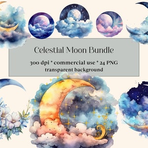 25 PNG Watercolor Heavenly Moons Clipart - Celestial moon, fantasy magic galaxy, nursery art, instant download for commercial use