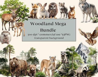 53 Paquete de acuarela de imágenes prediseñadas de animales del bosque, uso comercial, PNG transparentes, imágenes prediseñadas de vivero, zorro, oso, ciervo, erizo, mapache, búho