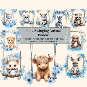 25 Blue Swinging Baby Animal PNG , Safari Clipart, Fond transparent, Utilisation commerciale, Art imprimable, Bois, Chat, Girafe, Renard, Hibou