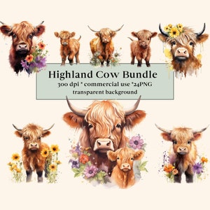 24 Highland Cow en Flower PNG-collectie | Hooglandkoeienkwekerij | Koe kunst aan de muur | Kinderkamer kunst aan de muur | Babydieren | Aquarel clipart