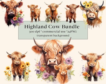 24 Highland Cow and Flower PNG Collection | Highland Cow Nursery | Cow Wall Art | Nursery Wall Art | Baby Animals | Watercolor Clipart