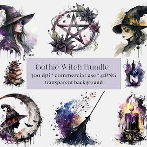 41 PNG Watercolor Gothic Witch Clipart, Witchcraft Clip art, magic, mystical, black cat, Fantasy Clip art, witch, wiccan, pagan, owl, raven