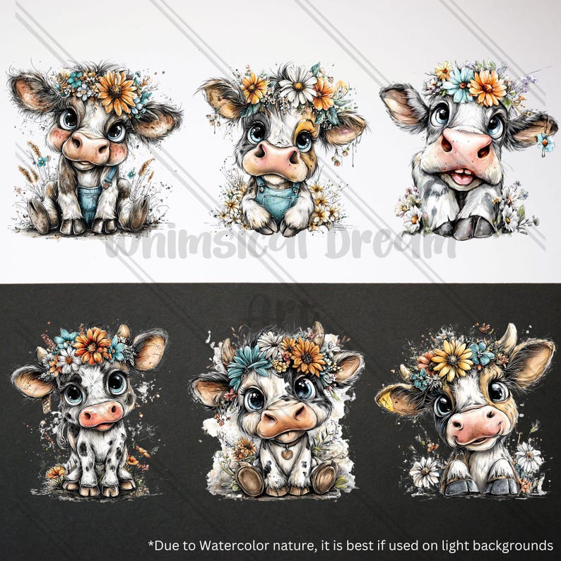 31 PNG Cow Clipart Floral Illustration, Watercolor Baby Farm Animal ...