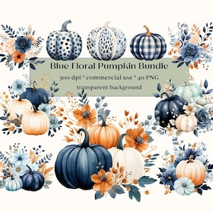 40 cliparts automne bleu aquarelle, fleurs séchées, clipart floral citrouilles, lot de ferme automne, décoration rustique vintage Thanksgiving PNG