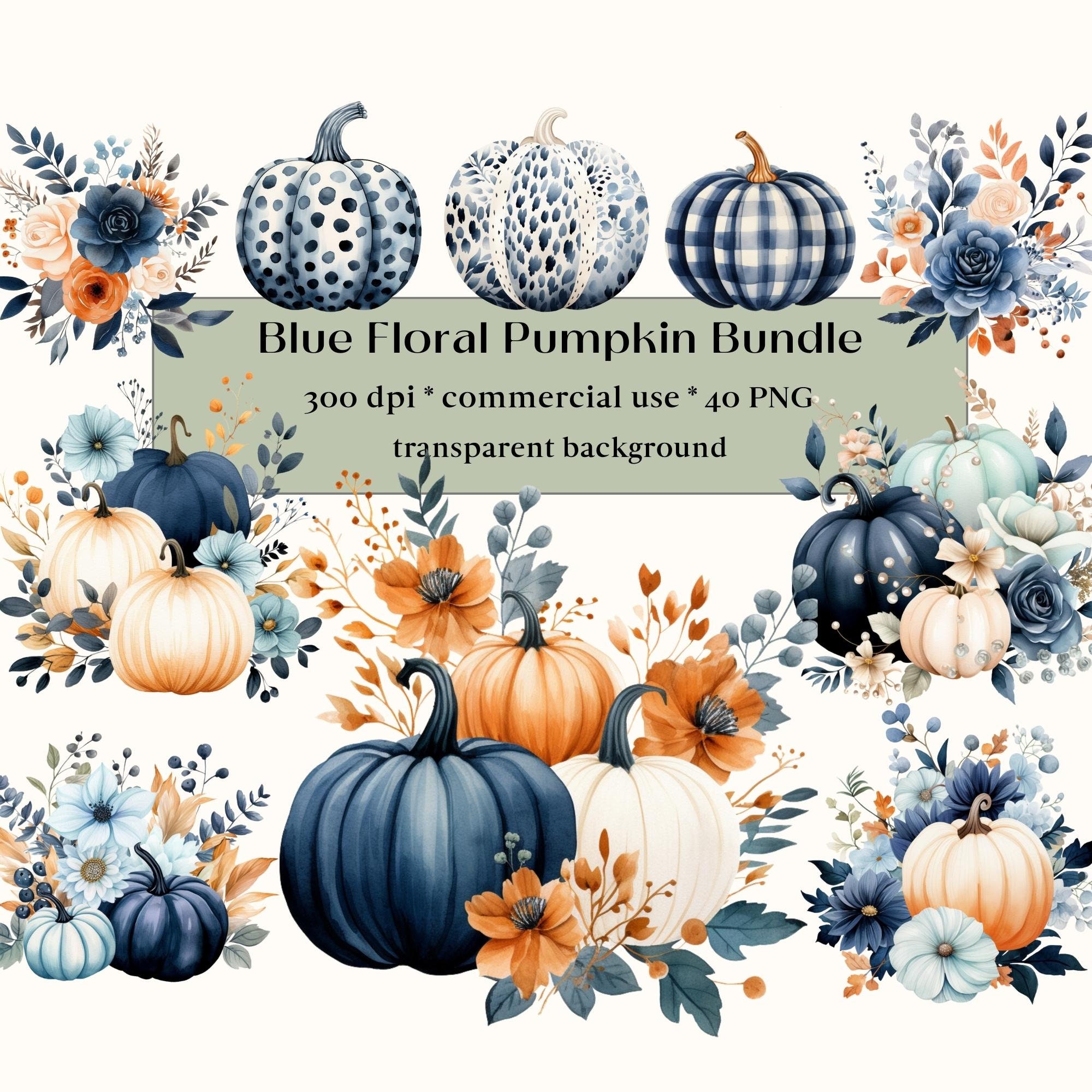 40 Watercolor Blue Fall Clipart, Dry Flowers, Pumpkins Floral Clipart ...