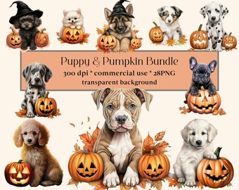 28 Watercolour Halloween Dog Clipart Jack O Lantern, Halloween Cute Design, Pumpkins, Autumn, PNG, Witch, Scary, Fall, Puppy, Pug, Poodle