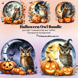 11 Watercolor Halloween Owl Collection Clipart, Halloween Autumn Fairytale Owl, Halloween Owl Clipart PNG, Scary, Paper craft, Full Moon