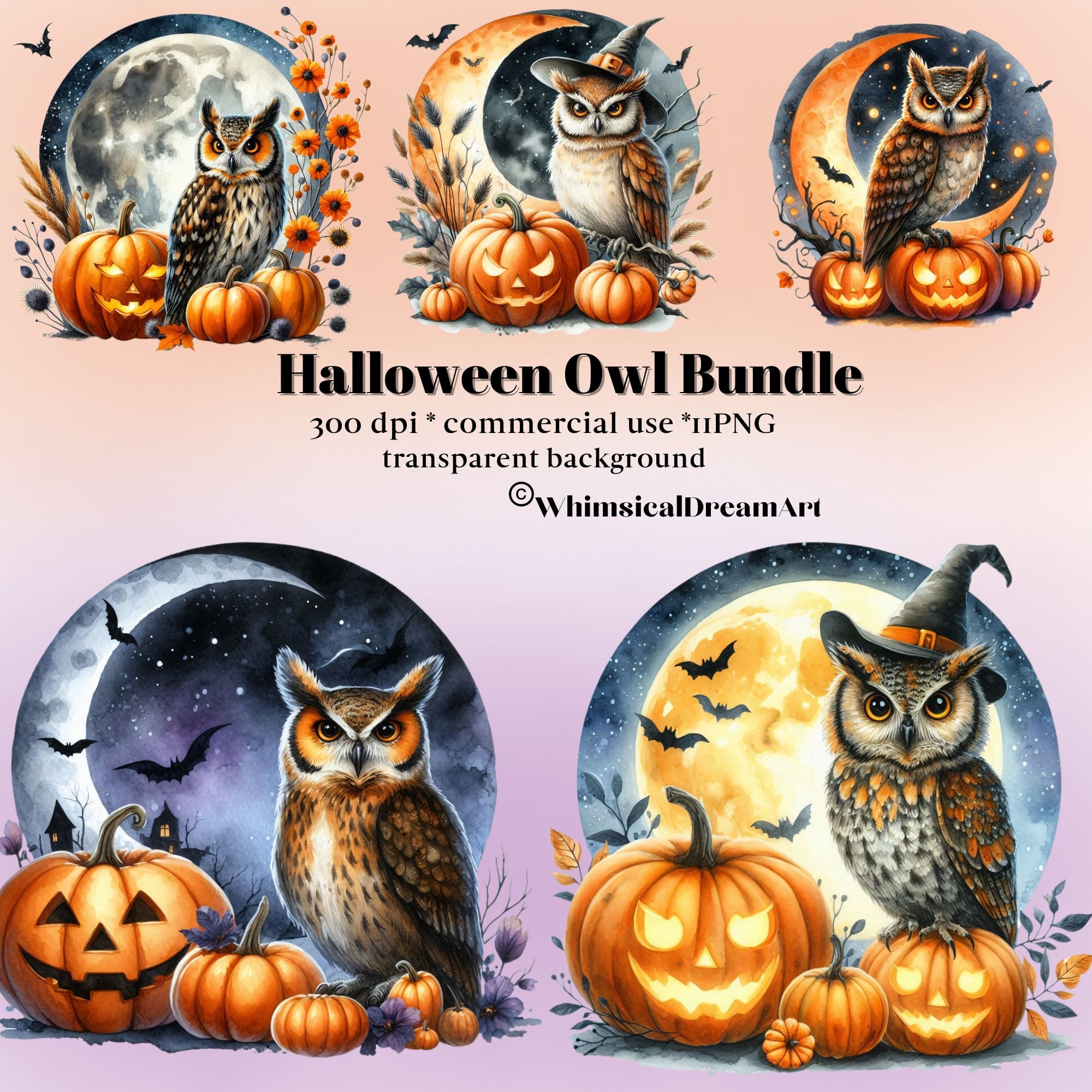 11 Watercolor Halloween Owl Collection Clipart, Halloween Autumn Fairytale Owl, Halloween Owl Clipar