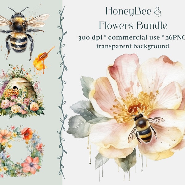 26 Watercolor Honey Bee Clipart, spring garden bee and honey drips clip art PNG graphics instant download for commercial use, flower, wreath