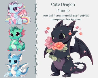 Könnte beinhalten: Ein Set digitaler Illustrationen mit vier niedlichen Cartoon-Drachen. Die Drachen sind in verschiedenen Posen und Farben, darunter rosa, grün, blau und schwarz. Der schwarze Drache hält einen Strauß rosa Blumen. Die Illustrationen sind auf einem transparenten Hintergrund.
