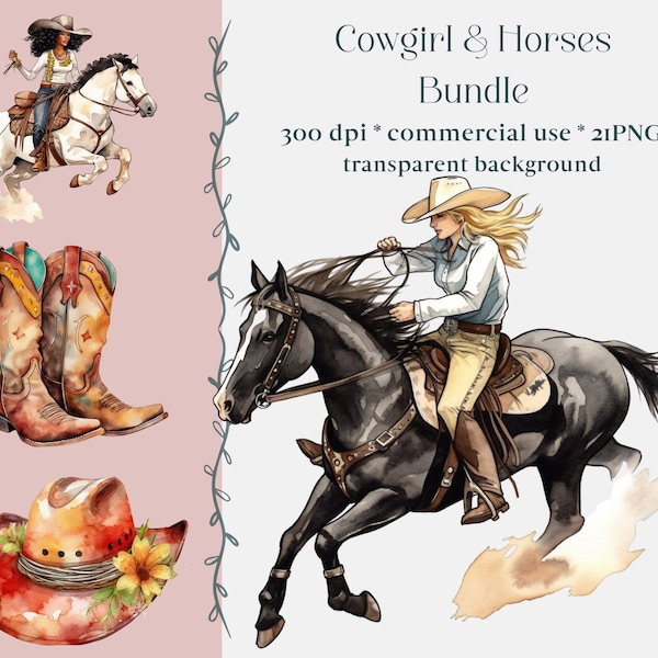 21 Cowgirl & Horse PNG Collection | Clipart Set/Bundle | Watercolor Horse Sublimation Designs | Western Clipart | Farm Animals PNG |