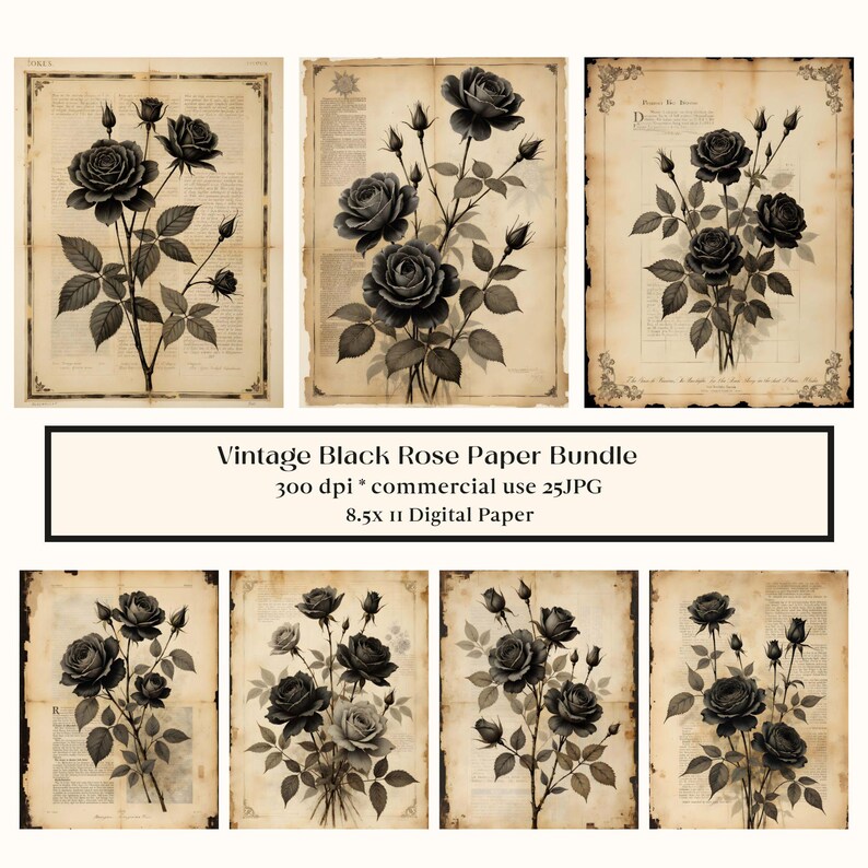 25 Black Roses Junk Journal Pages, Digital Scrapbook Paper Kit, Gothic ...