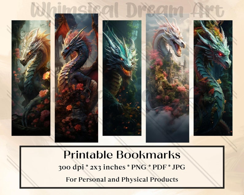 20 Fantasy Dragon Bookmark Designs, Printable Bookmarks Digital ...