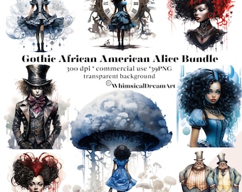 39 PNG Watercolour Gothic Black Alice in Wonderland Clipart, African Alice, Fairytale , Dark Fantasy Images, Wonderland Character Bundle