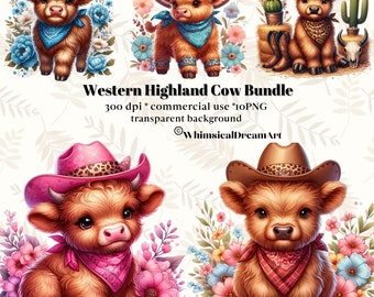 12 imágenes prediseñadas de la colección de vacas de las Tierras Altas Occidentales de acuarela, Imágenes prediseñadas de flores de primavera, Arte de pared PNG de vaca bebé lindo, Guardería, Animal bebé, Vaca de verano