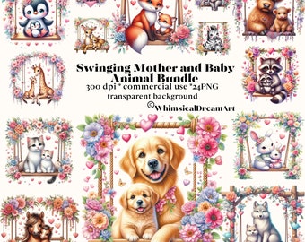 24 Mother & Baby Animal Clipart, Watercolor Swinging Animals (PNG)
