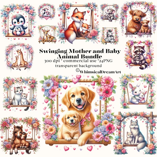 24 Mother & Baby Animal Swinging PNG Collection, Baby Animals, Cute Animal PNG, Woodland Animals, Baby Shower Clipart, Babies, Mama, Safari