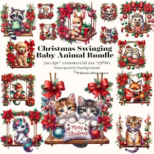 Collection PNG de bébés animaux se balançant de Noël, cliparts collection aquarelle, art des fêtes, fantaisie, usage commercial, faune