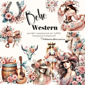 32 Aquarell Boho Western Clipart-Set, Western PNG, Western Sublimation, Cowgirlstiefel, Cowboyhut, Pferd, Kuh, rosa Blumen, Gitarre, Handwerk