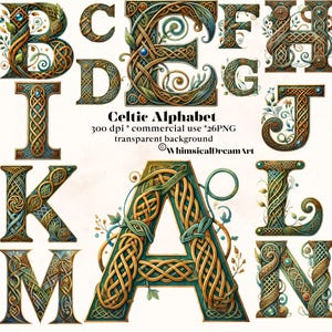 Letras decorativas de clipart celta, conjunto de alfabeto maiúsculo, cartões de personalização de sublimação de clipart png, impressão digital floral