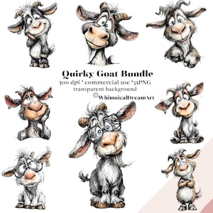 Pode incluir: Um conjunto de ilustrações de cabras extravagantes em várias poses. As cabras são retratadas com rostos expressivos, em tons de cinza, marrom e branco, algumas usando óculos. O texto "Quirky Goat Bundle" é exibido.