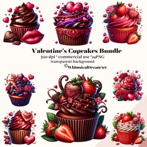 Paquete de 24 imágenes prediseñadas de cupcakes de San Valentín, cupcakes de San Valentín PNG, fresas PNG, sublimación de cupcakes, dulces de chocolate PNG, uso comercial