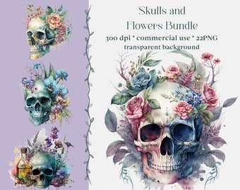 May include: Three watercolor illustrations of skulls with flowers. The first skull is surrounded by pink and white flowers. The second skull is surrounded by blue and purple flowers. The third skull is surrounded by purple and blue flowers and a bottle of liquid.