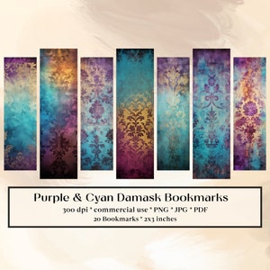 20 Lila & Cyan Damast Lesezeichen Designs, druckbare Lesezeichen digitaler Download, Sublimieren, drucken und schneiden, Lesezeichen Bundle, Magisch