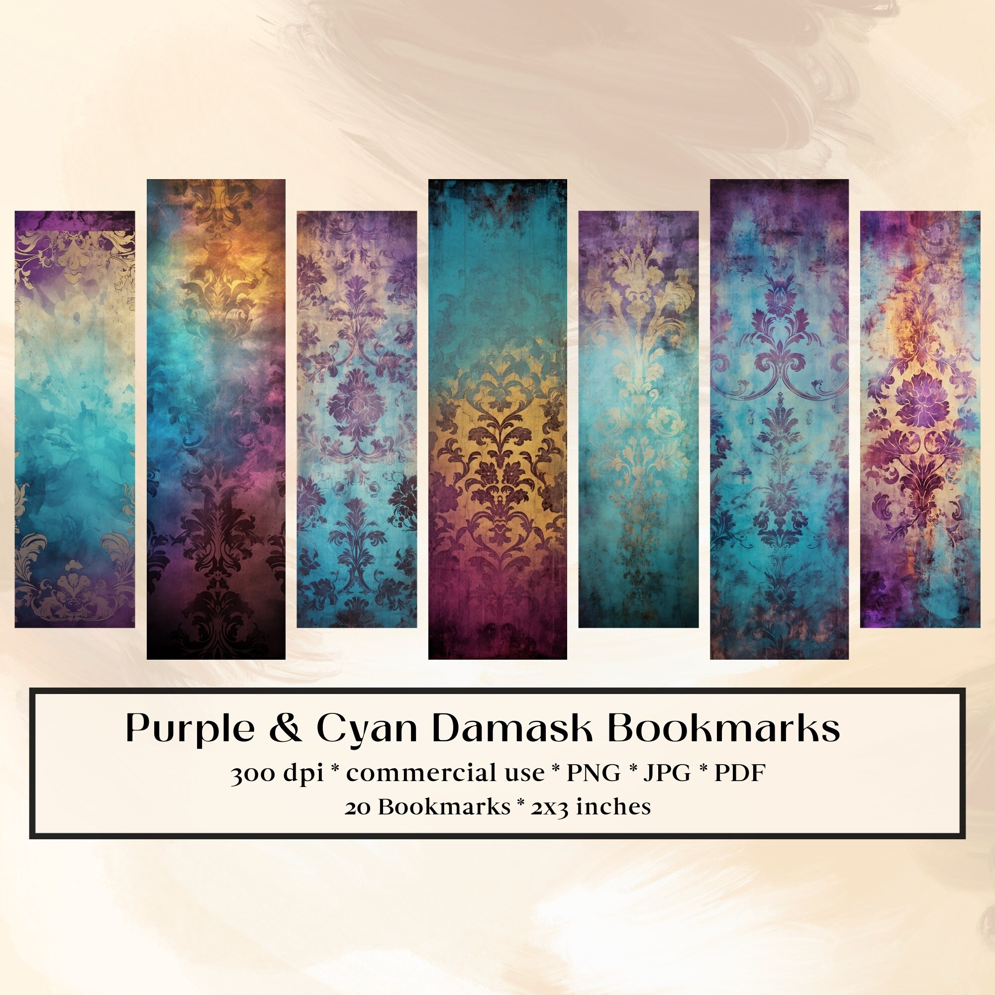 Purple Bookmark Example 20 Purple Cyan Damask Bookmarks, Printable Bookmark Bundle (digital ...