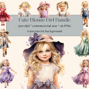 26 PNG süße blonde Mädchen Aquarell Bundle, kleine blonde Mädchen PNG Clipart Bundle, Vintage Kinder, Zopf, Prinzessin Kleider, spielendes Kind