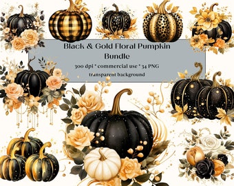 34 Watercolor Black & Gold Fall clipart, Dry flowers, Pumpkins Floral Image, Autumn Farmhouse Bundle, Rustic decor Vintage Thanksgiving PNG