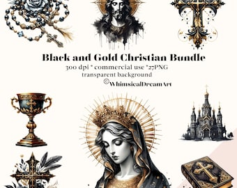 27 svarta och guld kristna akvarell clipart, religiösa, bibliska, bibel, kyrka, krucifix, kors, ängel, Jesus PNG, jungfru Maria, katolska