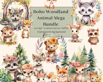 55 Boho Woodland Animals Clipart Watercolor Bundle, Commercial use, Transparent PNG, Baby Nursery, Fox, Bear, Deer, Hedgehog, Raccoon, Owl