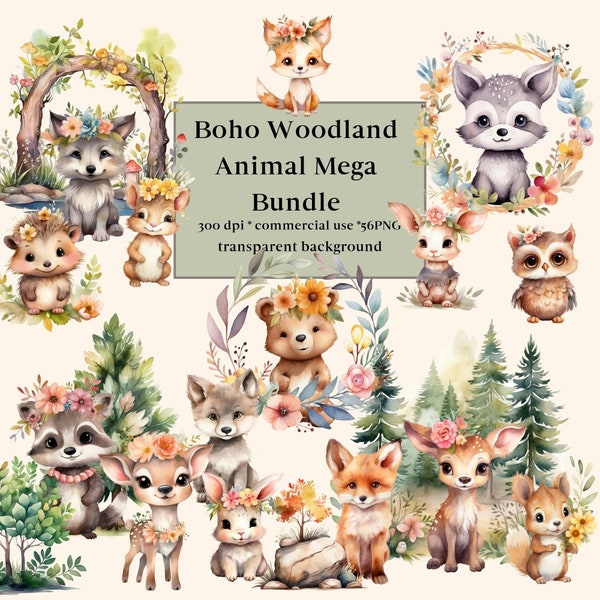 55 Boho Woodland Animals Clipart Watercolor Bundle, Commercial use, Transparent PNG, Baby Nursery, Fox, Bear, Deer, Hedgehog, Raccoon, Owl