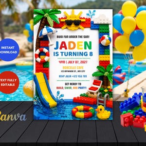 Building Blocks Pool Party Invitation, Summer Birthday Template (Digital Download)