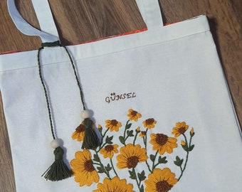 Borsa da ricamo fatta a mano, borsa floreale, borsa di lino da donna, regalo per la festa della mamma, regalo personalizzato, regalo per la festa della mamma, nome personalizzato, regalo da damigella d'onore