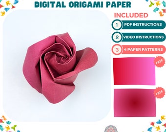 Lancaster Rote Rose Blume Digitales Origami Papierbastelset – Origami Blumen, Origami Papier, Origami Kit, selbstgemachtes Papier Origami, DIY Origami