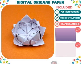 Kit de création numérique origami fleur de lotus rose blanc indien – Fleurs en origami, art origami, créations en papier origami, kit origami numérique, bricolage