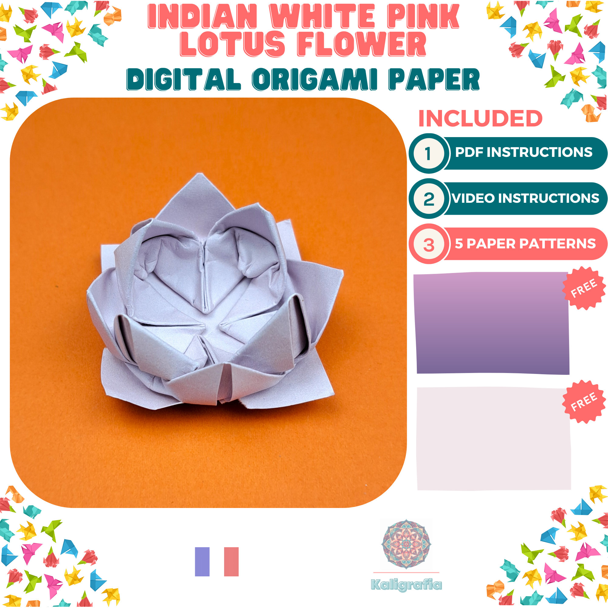 Indian White Pink Lotus Flower Digital Origami Paper Craft Kit Origami
