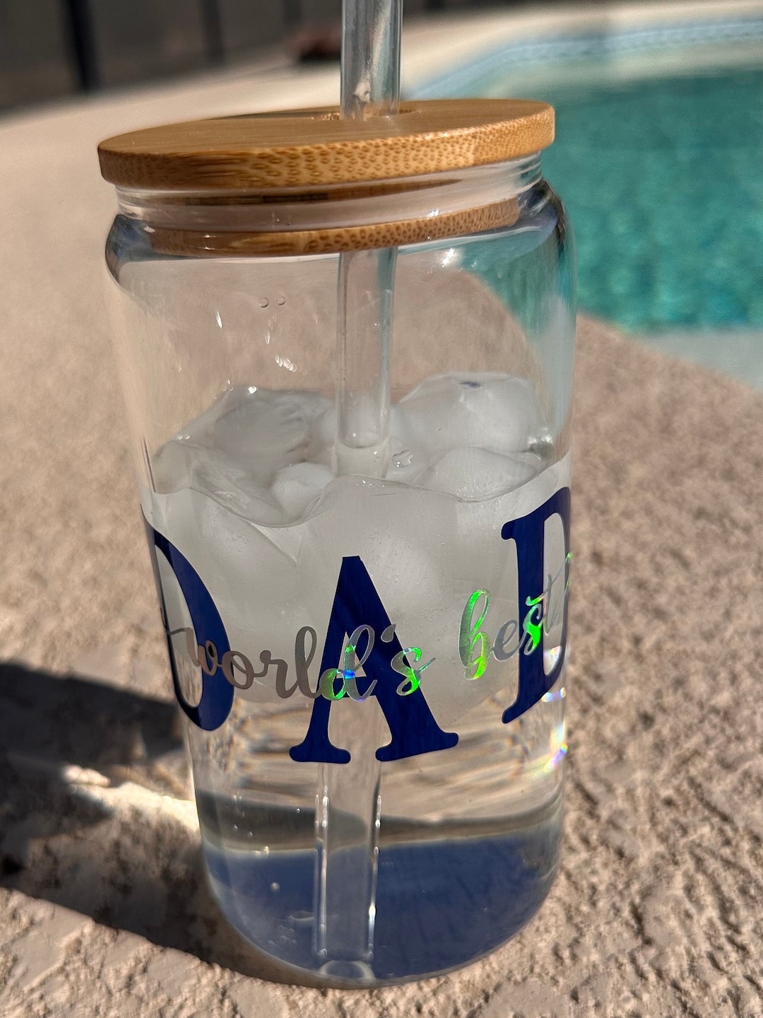 16 Oz Glass Cup With Glass Straw Designed With Chrome Vinyl Fathers Day