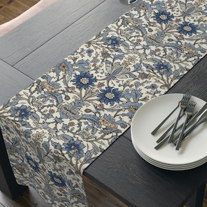 William Morris Style Table Runner, Sapphire Blue & Silver Gray Floral, Luxurious Dining, 72 or 90 Inches