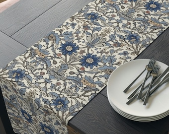 William Morris Style Table Runner, Sapphire Blue & Silver Gray Floral, Luxurious Dining, 72 or 90 Inches