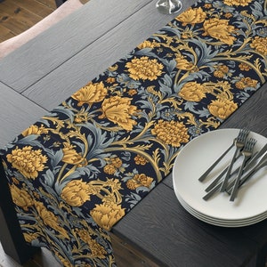 Navy & Marigold Table Runner, Vintage Floral Pattern, William Morris Style, Rustic Dining, 72 or 90 Inches