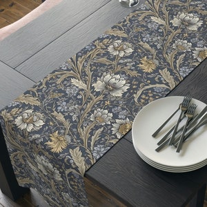 Sapphire Blue & Silver Gray Table Runner, William Morris Inspired Floral, Elegant Dining Decor, 72 or 90 Inches