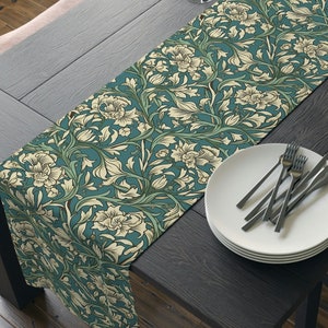 Jade Green & Ivory White Table Runner, William Morris Inspired Floral, Elegant Dining Decor, 72 or 90 Inches