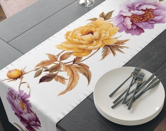 Golden & Purple Floral Table Runner, Peonies and Dahlias Design, Floral Dining Accent, Cottagecore and Garden Inspired Decor, 72 or 90 In
