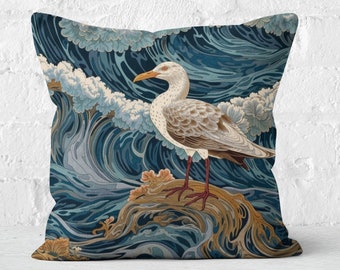 William Morris Inspired Seagull Pillow, Blue Wave Decor, Nautical Home Accent, Unique Gift for Bird Lovers, Coastal Theme, Case Only