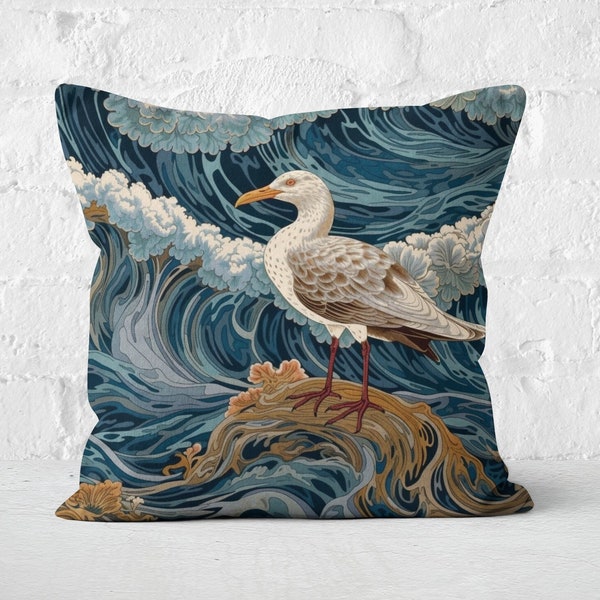 William Morris inspirierte Möwe Kissen, Blue Wave Decor, nautischen Akzent, einzigartiges Geschenk für Vogelliebhaber, Küstenthema, nur Hülle
