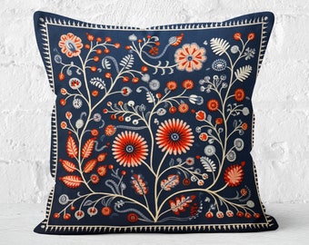 Orange, Grey, and Cream Woodland Pillow Case, Blue Floral Cushion Cover, Unique Home Decor, Perfect Housewarming Gift, Case Only